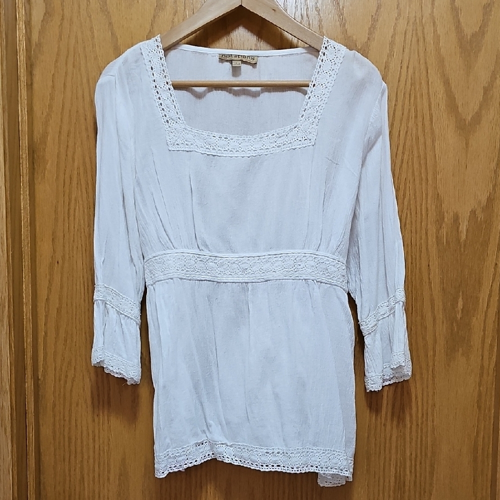 Notations Cream Smocked Ruffled Blouse 3/4 Sleeve